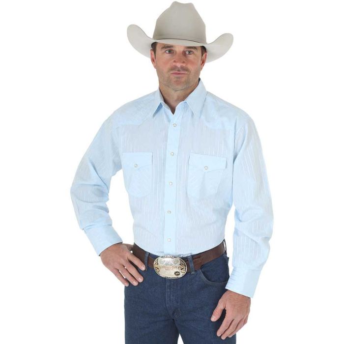 Wrangler Blue Western Snap Shirt - Long Sleeve Dobby Stripe - The ...