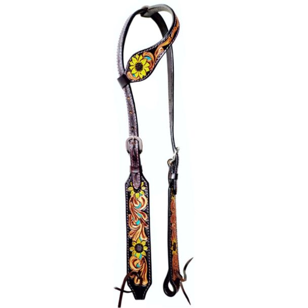 Sunflower Hand Painted Floral Horse Western Leather One Ear Headstall