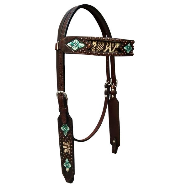 Floral Hand Painted Horse Western Leather Headstall Dark Brown
