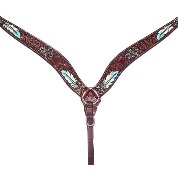 Annie Petal Turquoise Hand Carved Horse Western Leather Breast Collar Brown
