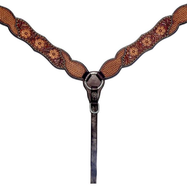 Floral Evan Basket Hand Carved Horse Western Leather Breast Collar Dark Brown