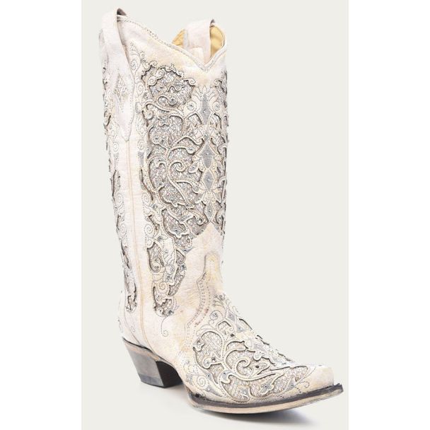 Corral Women's White Glittered Inlay Snip Toe Wedding Cowboy Boot