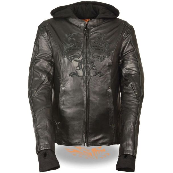 Milwaukee Leather ml2066 Women's 3/4 Black Leather Hoodie Jacket With Reflective Tribal Design