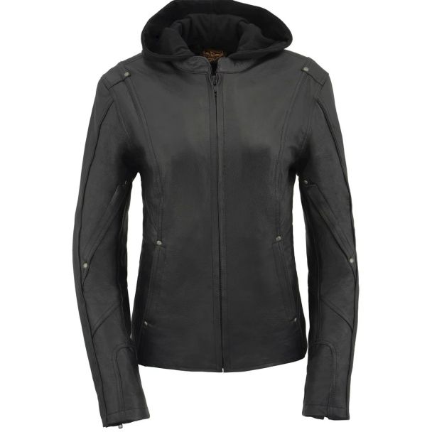 Milwaukee Leather MLL2555 Women's Black 3/4 Hooded Leather Jacket With Side Stretch