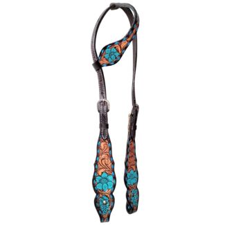 Turquoise Floral Hand Painted And Carved Horse Western Leather One Ear Headstall