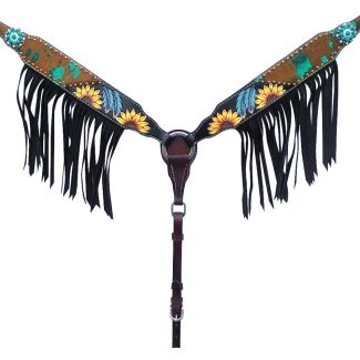 Black Fringe Sunflower feather Hand painted Horse Western Leather Breast Collar