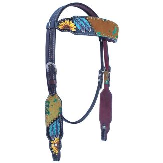 Sunflower Feather Hand Painted Horse Western Leather Headstall