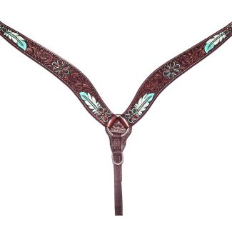 Annie Petal Turquoise Hand Carved Horse Western Leather Breast Collar Brown