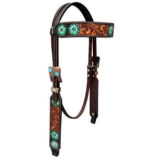 Turquoise Floral Hand Carved Horse Western Leather Headstall Brown