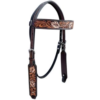 Floral Hand Carved Horse Western Leather Headstall Brown