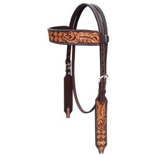 Genuine Quality Floral Hand Carved Horse Western Leather Headstall Brown