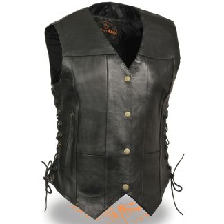 Milwaukee Leather SH1292 Ladies Black Classic &lsquo;6 Pocket&rsquo; Side Laced Leather Vest