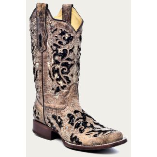 Corral Black Glitter Floral Overlay Square Toe Brown Cowboy Boot