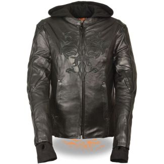 Milwaukee Leather ml2066 Women's 3/4 Black Leather Hoodie Jacket With Reflective Tribal Design