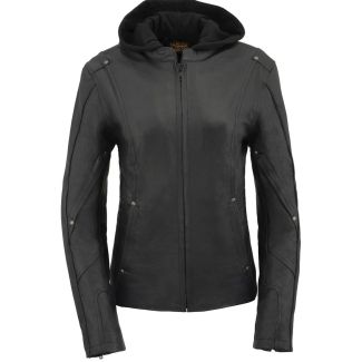 Milwaukee Leather MLL2555 Women's Black 3/4 Hooded Leather Jacket With Side Stretch
