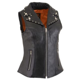 Milwaukee Leather Women's Black V-Neck Leather Classic Motorcycle Rider Vest w/ Riveted Lapel Collar